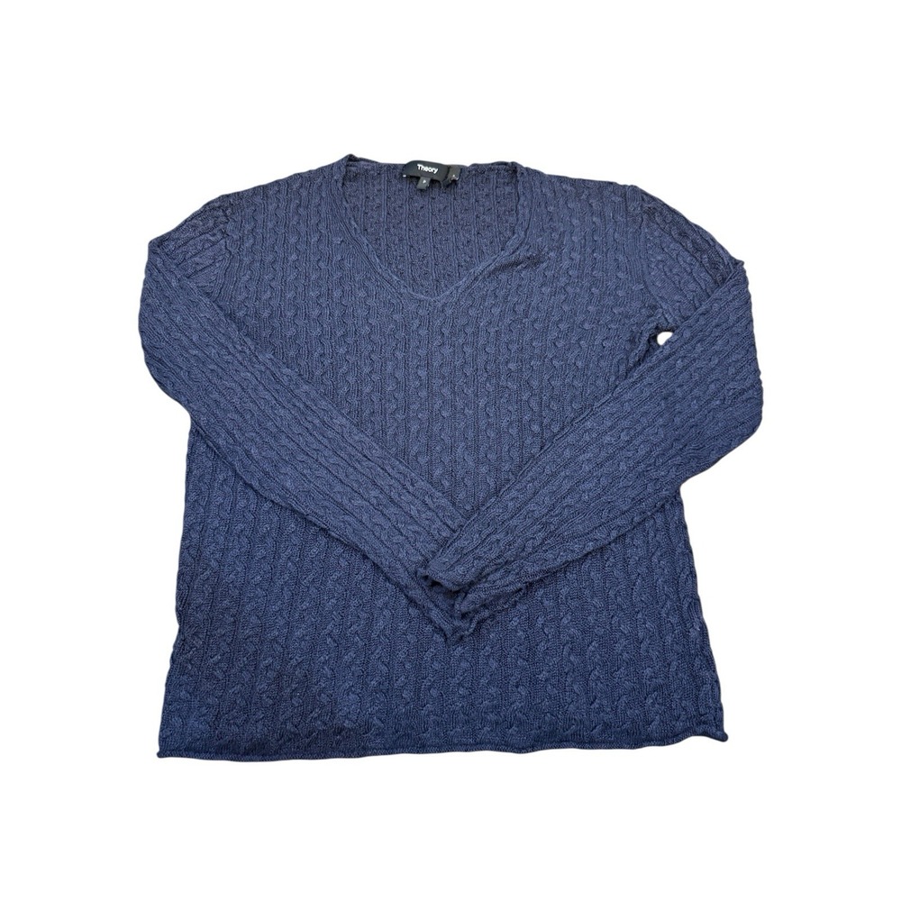 Theory Cable Knit V Neck Sweater Navy Blue Size P Lightweight Nautical